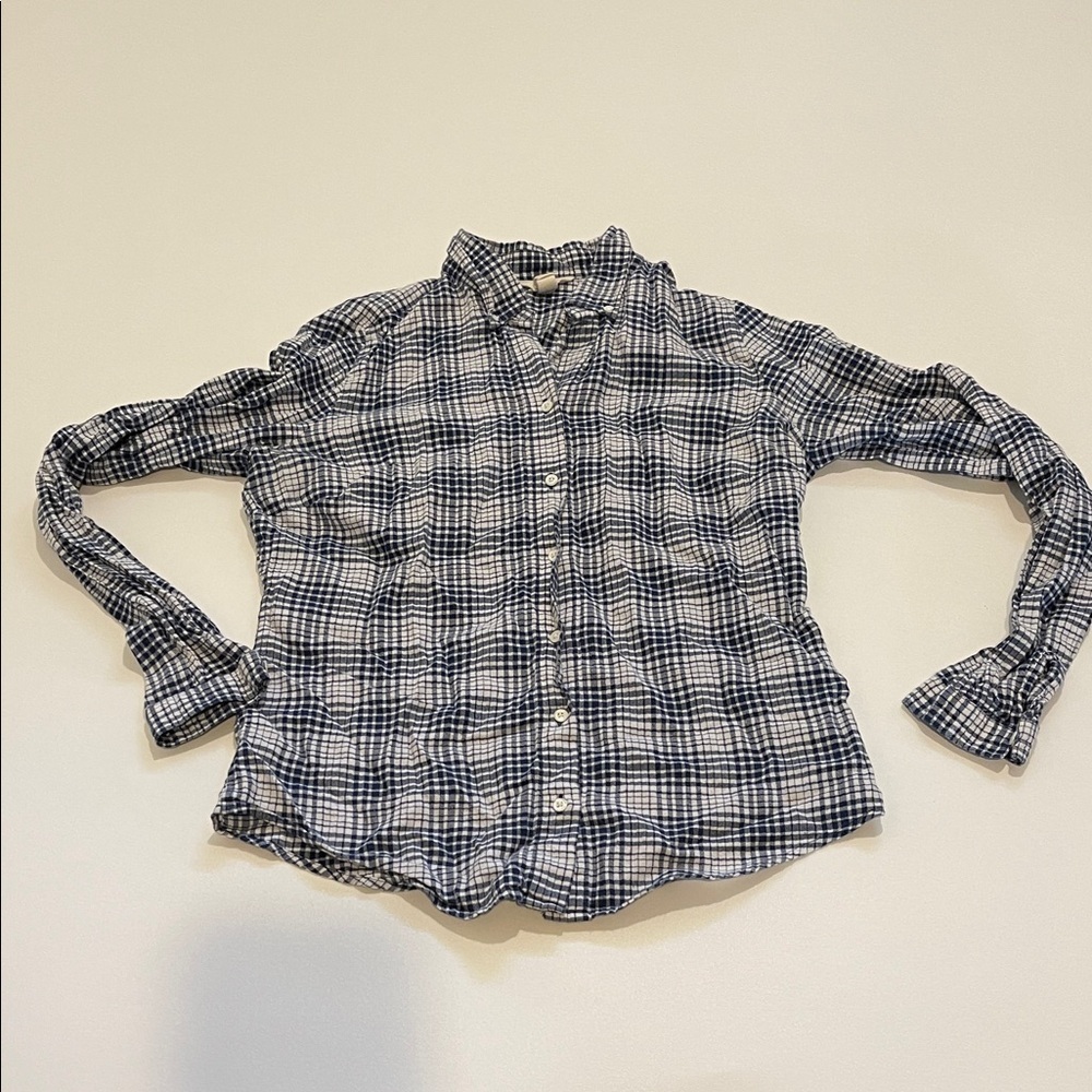 Lands' End Canvas Navy and White Plaid Button-Down Shirt